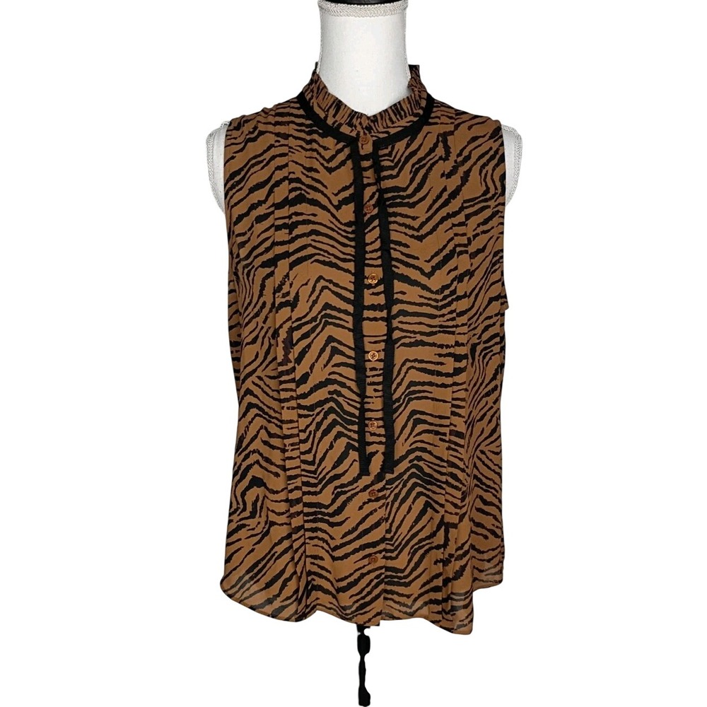 White House Black Market Sleeveless Tiger Print Ruffled Blouse Top Sz M Brown Ne